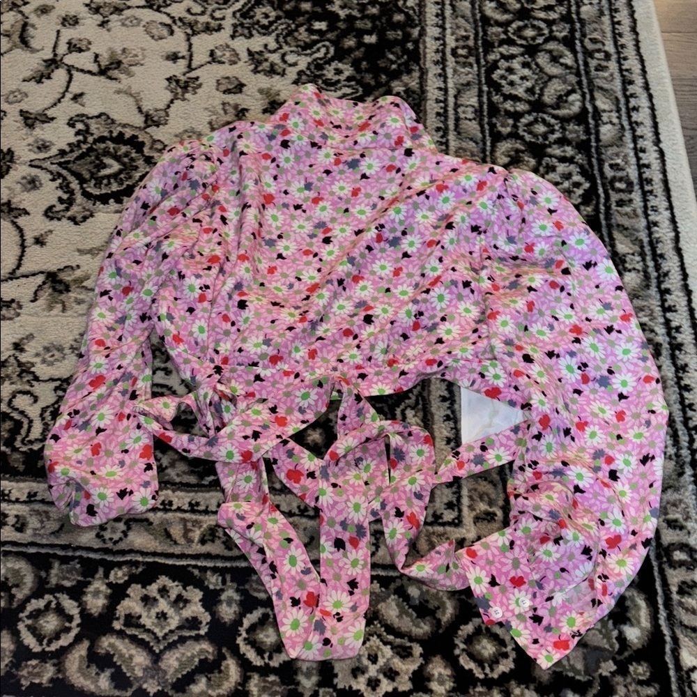 Miu Miu vintage 70’s Pink and White green Floral silk cropped blouse - Picture 9 of 16